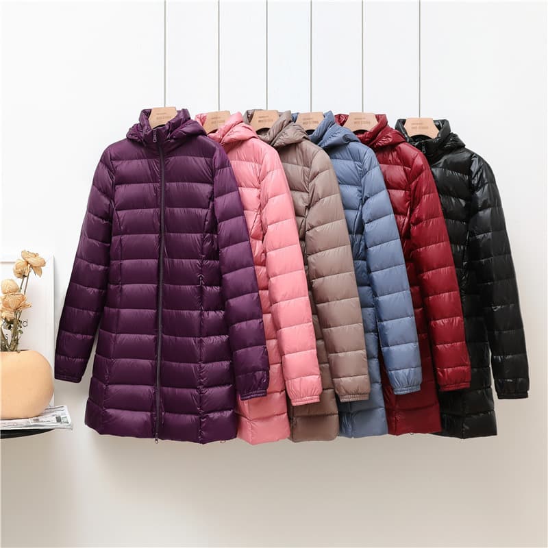 Ultra-Light Ultra-Thin Plus Size Women's Down Jacket Mid-Length Hooded Zipper Closure Casual Style Polyester Fabric