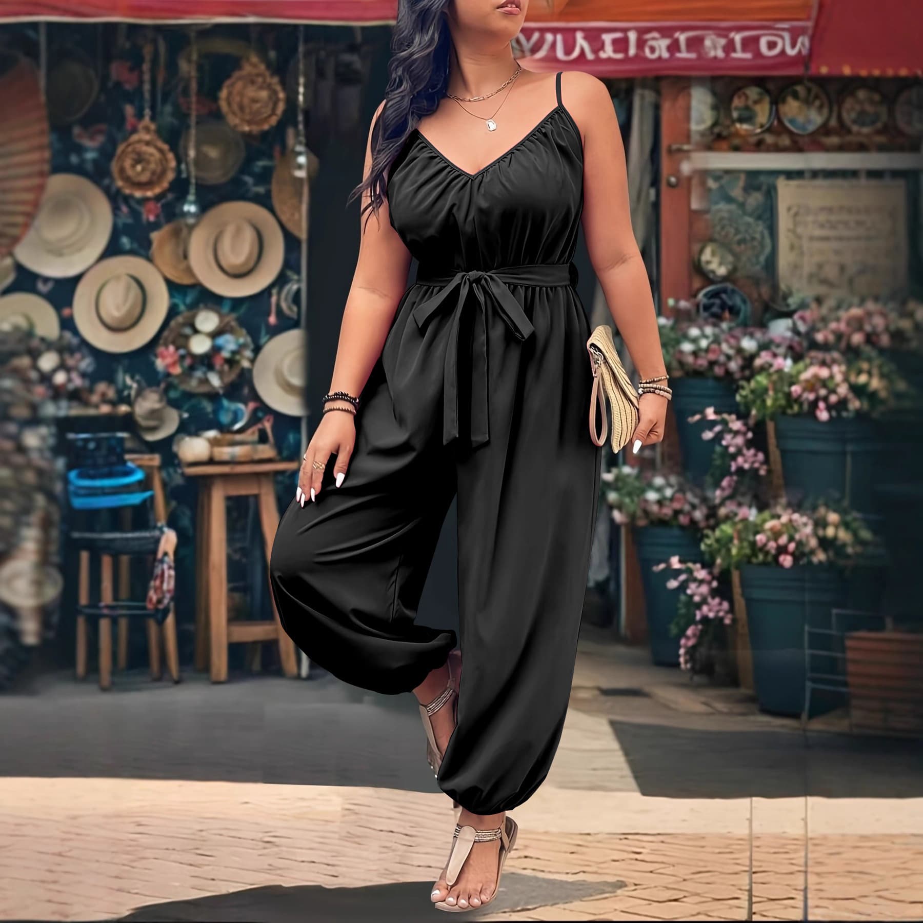 European and American Summer Women's Plus-Size Spaghetti Strap Jumpsuit Elegant Trendy Classic Commuter Solid Color Tie Waist Slimming Pants
