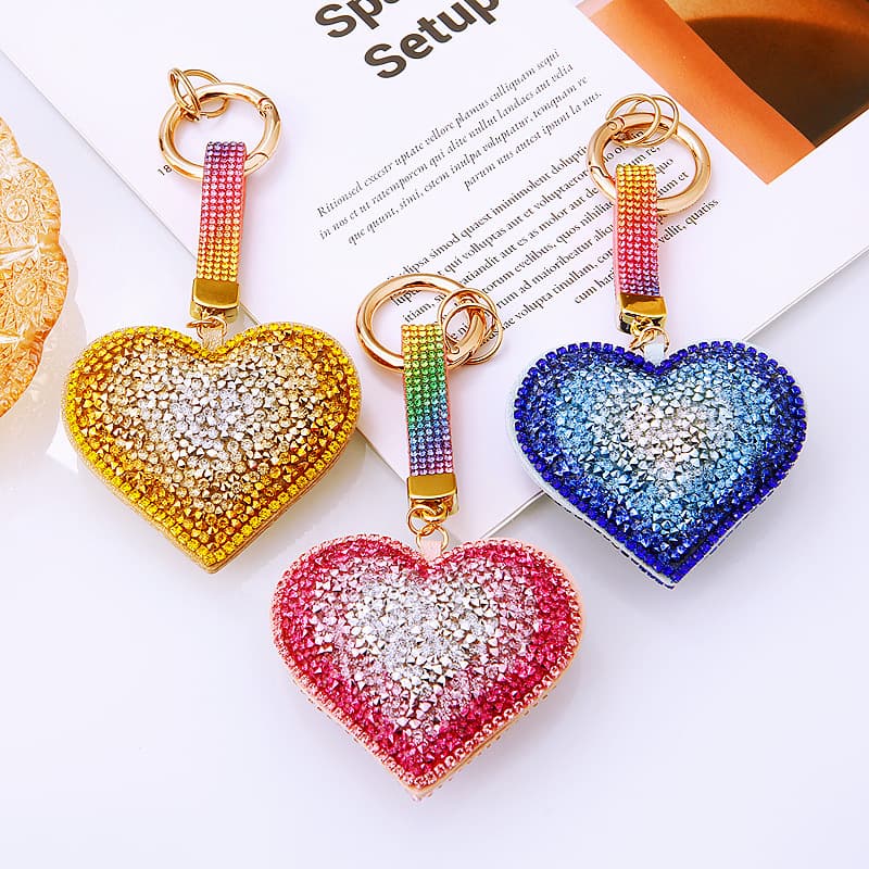 Diamond-encrusted Love Heart Car Keychain Leather Cute Women's Bag Pendant Key Chain Ring Heart-Shaped Rhinestone Rope Gift