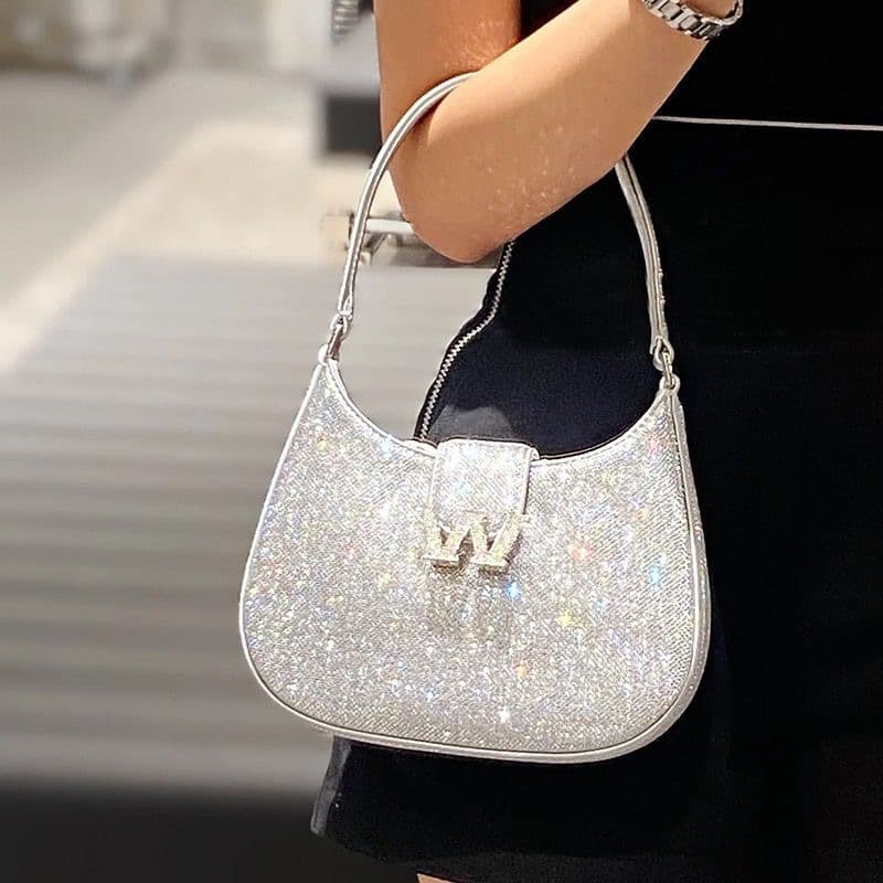 New moon bag with diamonds, elegant bag, fashionable letter handbag, high-end rhinestone bag, armpit bag, crossbody bag