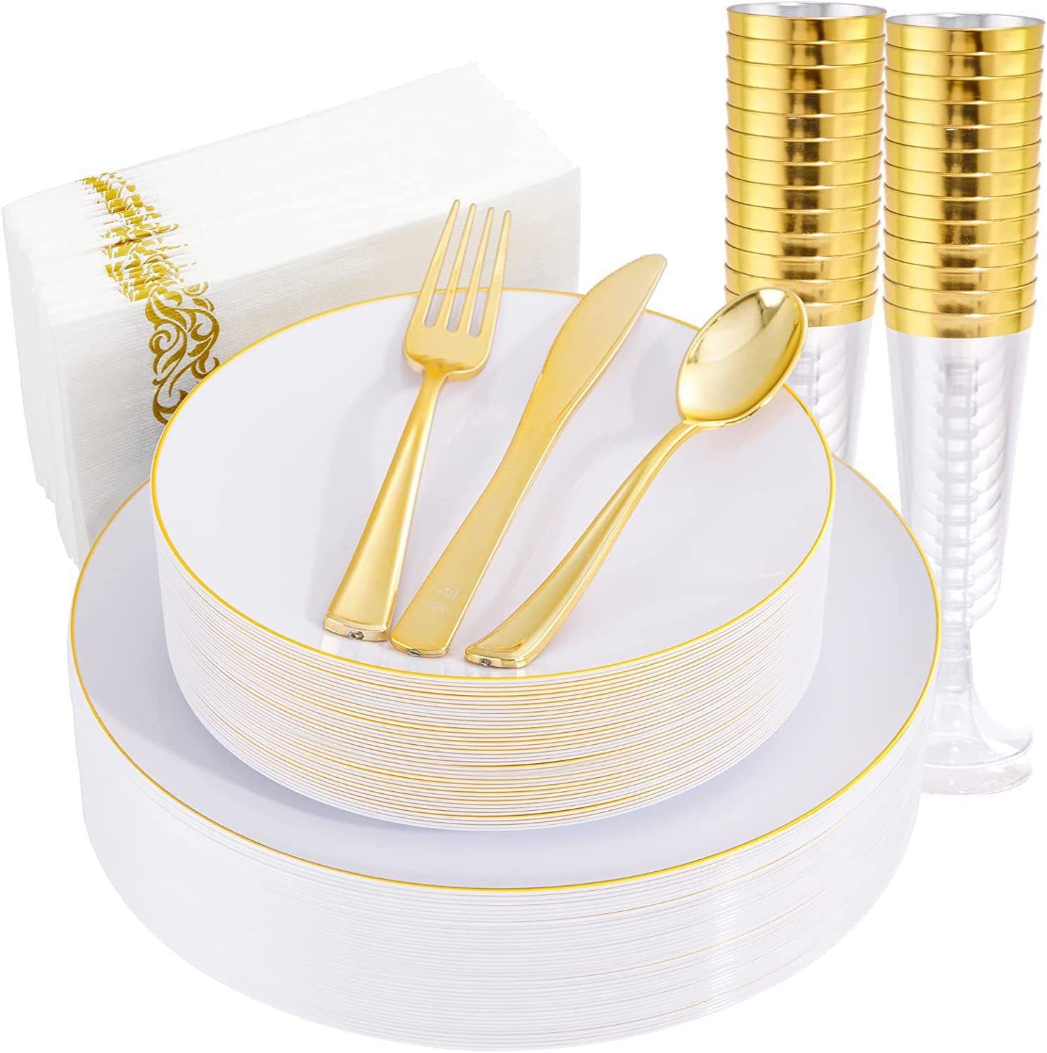 Disposable Plates 25-Piece Set Hard Plastic White Gold Rim Plates Black Plates Christmas Plates Knife Fork Spoon Wine Glass Set