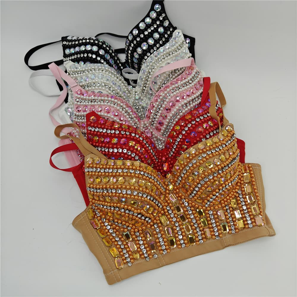 Beaded Acrylic Hand-Sewn Rhinestone Boned Bra