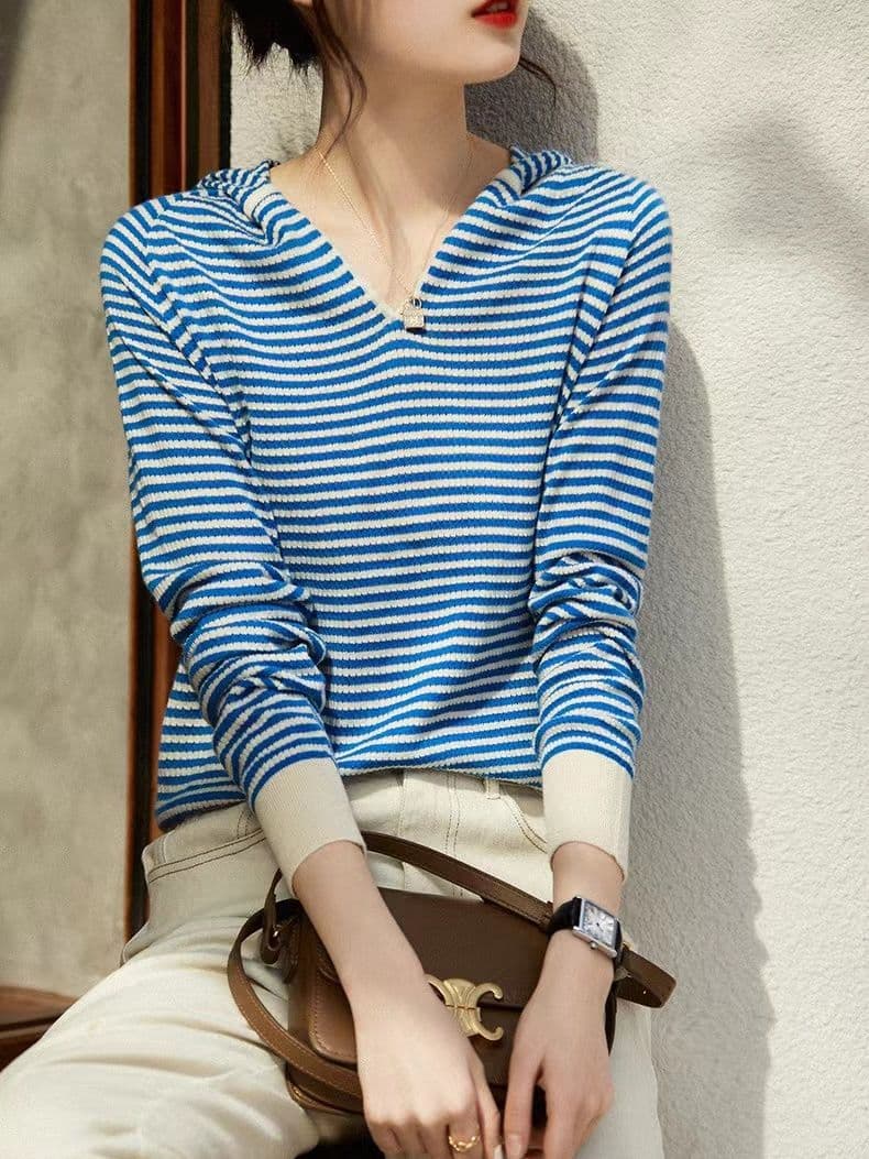 Retro Youthful Striped Hooded Wool Knitted Sweater, Early Spring Loose Versatile Sweater Hoodie, Fashionable Base Layer Sweatshirt