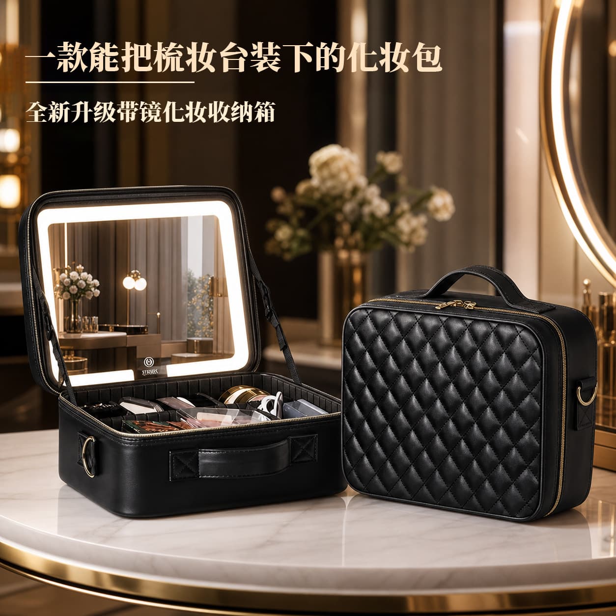 Premium LED Mirror Makeup Case for Women Portable Large Capacity Makeup Artist Handheld Compartment Cosmetic Organizer Case