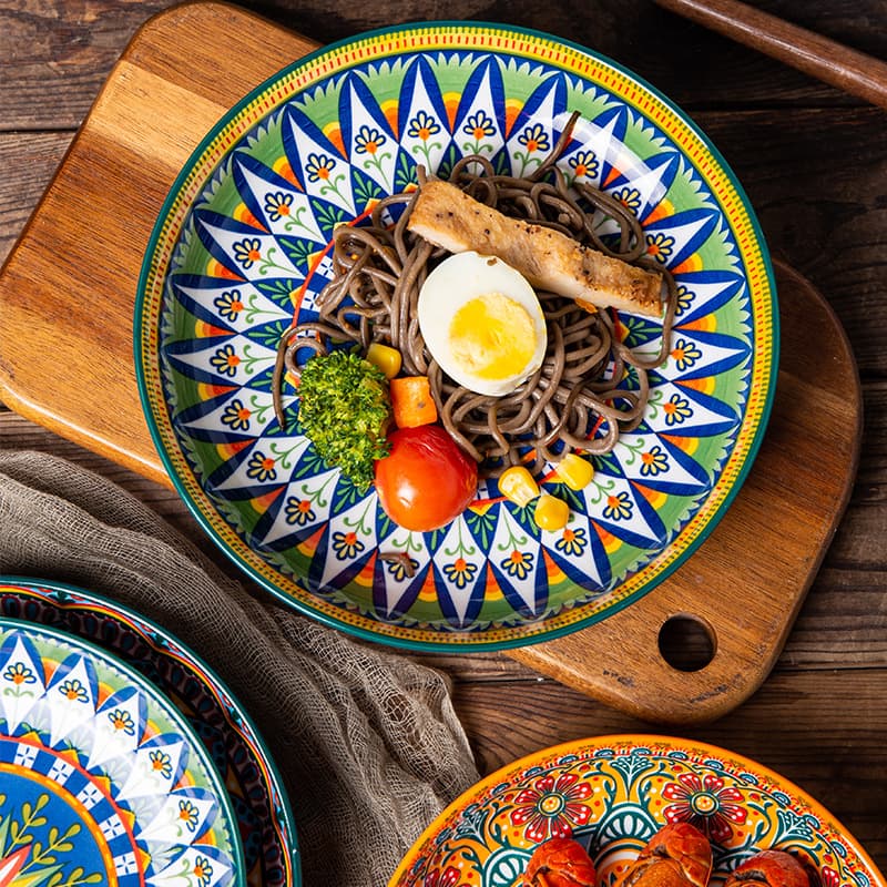 Bohemian Ceramic Dish Plate Household Vintage Tableware Breakfast Plate Dumpling Dish Plate Fruit Plate Deep Plate