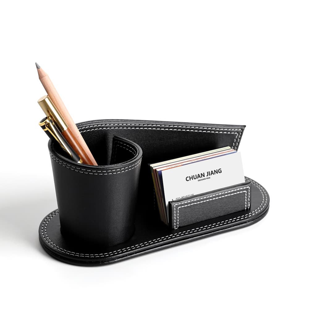 Office supplies leather pen holder with business card storage seat creative multifunctional leather stationery storage box gift ornaments