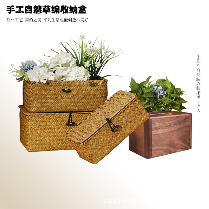 Handmade Straw Storage Basket Desktop Organizer Wedding Favor Box Artistic Country Household Item Lidded Storage Box