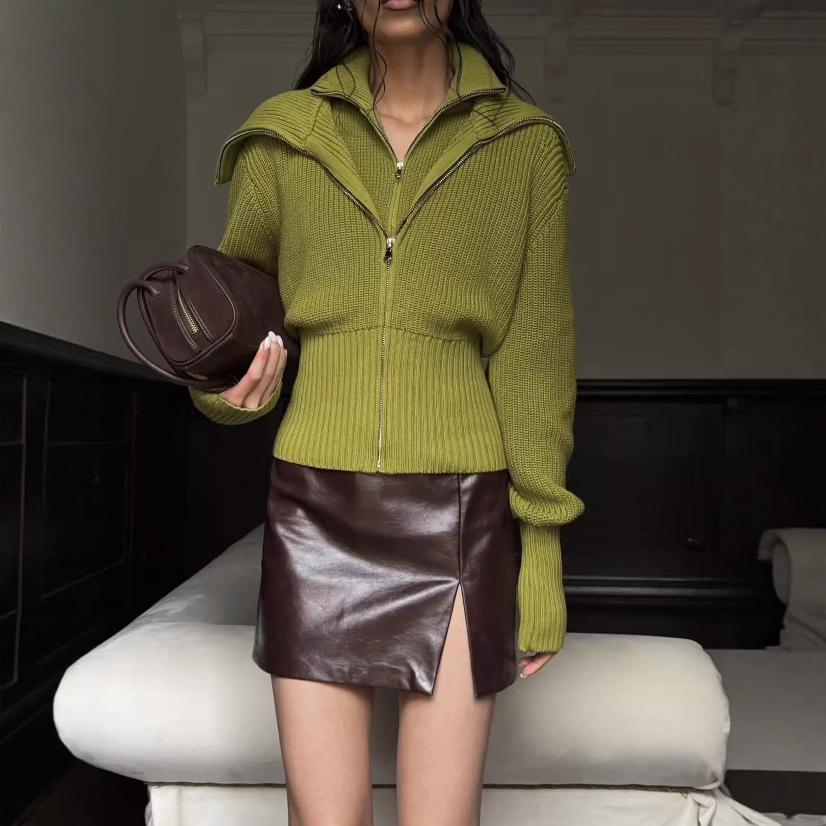 2025 Autumn/Winter European and American Sweater Two-Piece Set Design Oversized Collar Lazy Soft Loose Sweater LX0216
