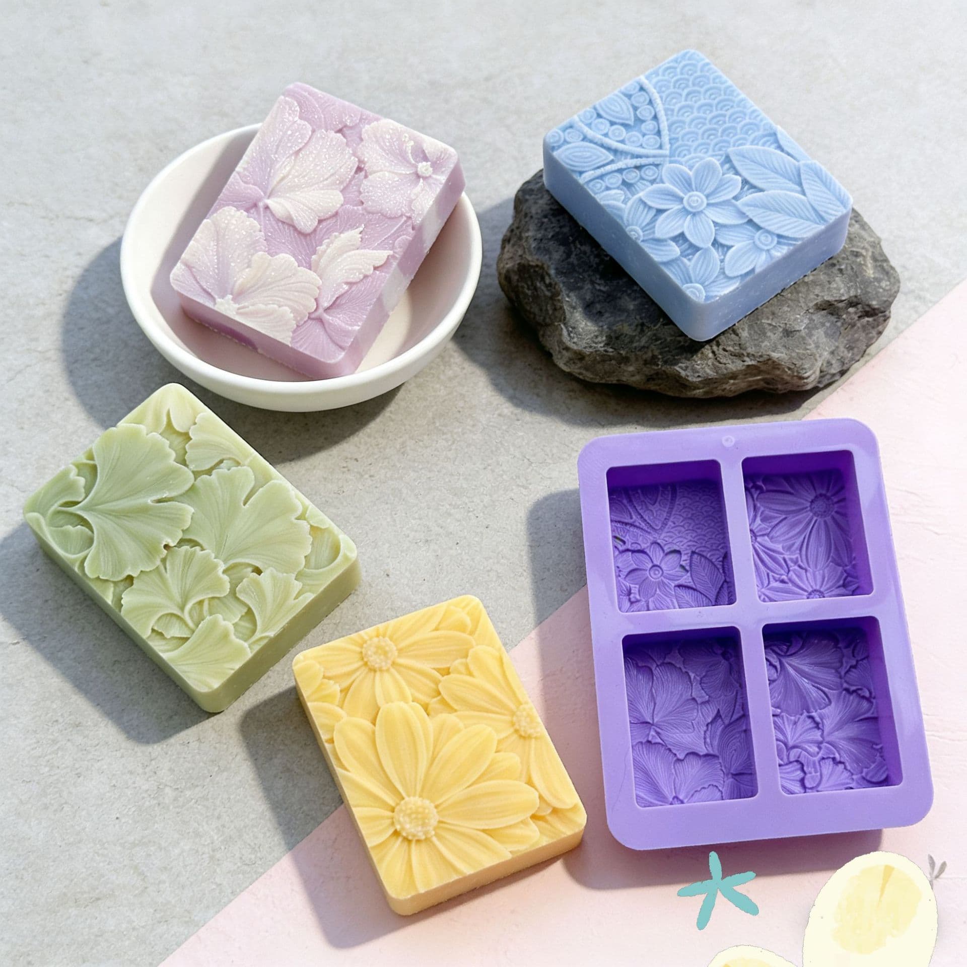 Four-hole Rectangular Ginkgo Leaf and Hibiscus Flower Handmade Soap Silicone Mold, Essential Oil Soap Mold, Cake Mold, Soap Mold