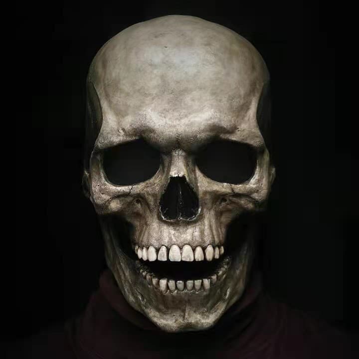 Cross-border Hot Selling Full Head Skull Mask Halloween Scary Skeleton Movable Jaw Latex Mask