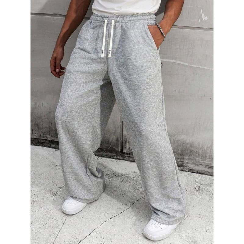 2025 European and American new cross-border men's solid color wide-leg pants casual drawstring loose version plus velvet straight pants trousers