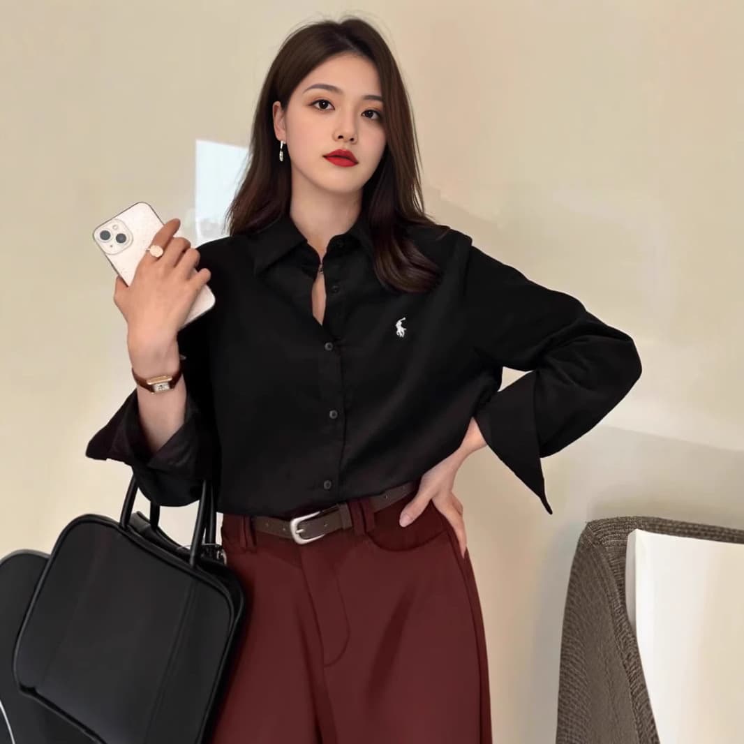 Pony Embroidery Shirt Women Loose Korean Simple High-End Design Office Blouse Fashion Casual Long Sleeve Top