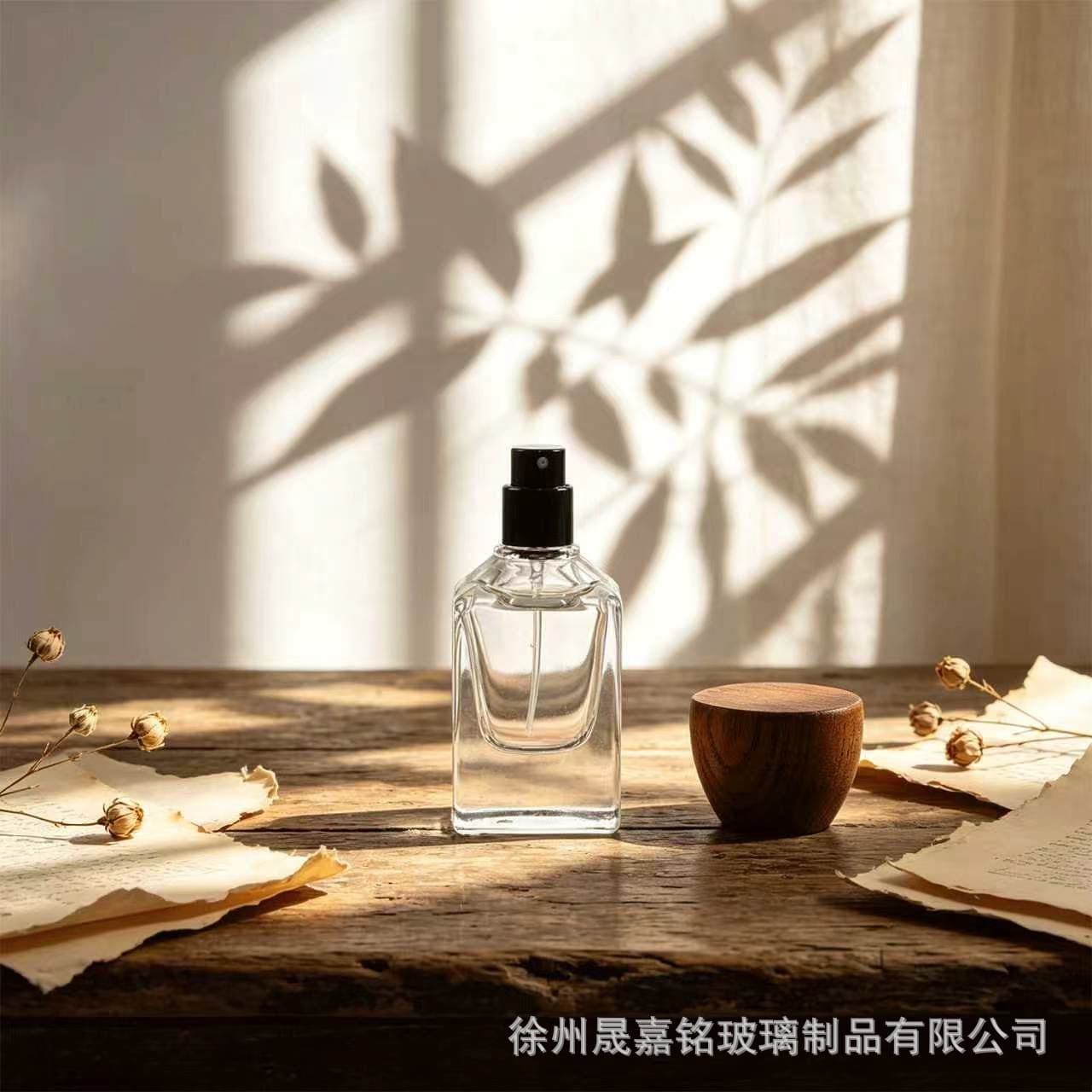 Premium Perfume Refillable Bottle with Wooden Cap, Square Clear Glass Perfume Bottle, Press-Type Glass Spray Empty Bottle, Sample Bottle