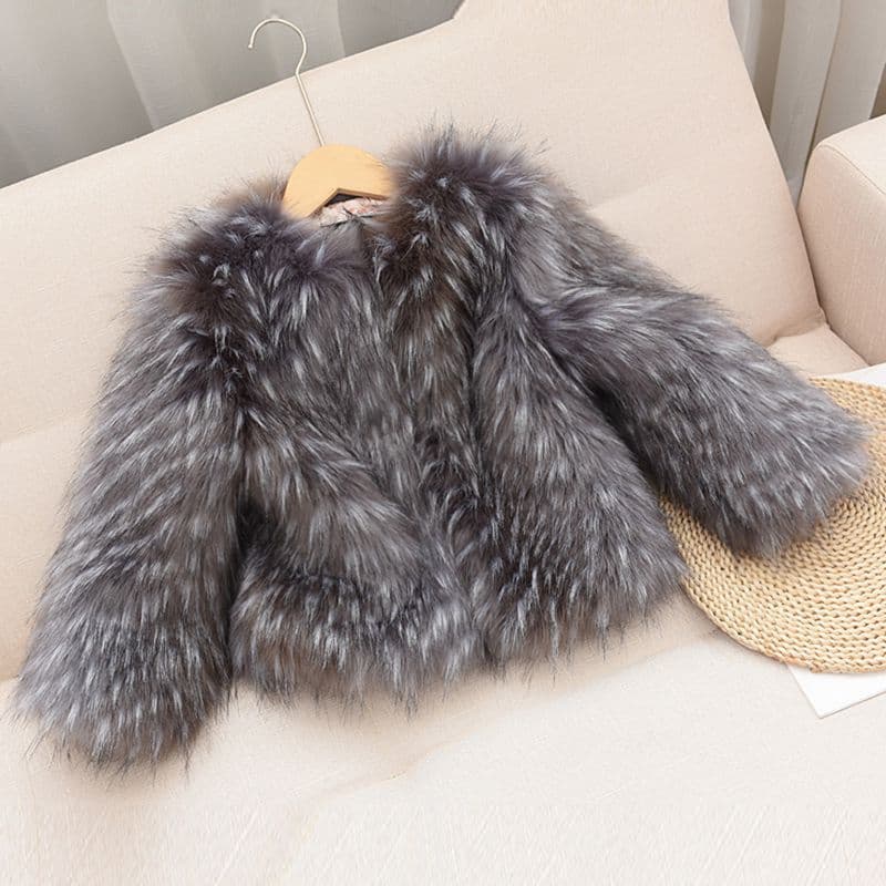2025 Autumn/Winter New Silver Fox Slimming Korean Style Faux Fur Racoon Collar Round Neck Children's Fuzzy Coat Fashion Padded Jacket