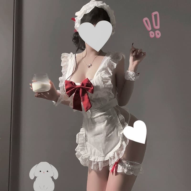Manny Butterfly Bow Pure Desire Maid Bare Back Apron Set No-Button Uniform Lingerie Small Bust Sleepwear Women 9289