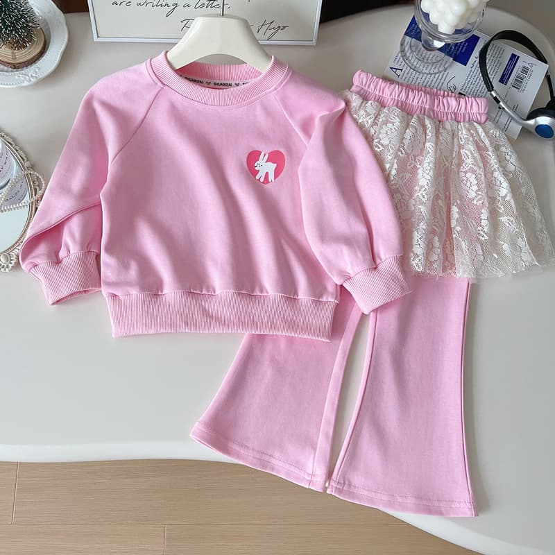 Girls' loose off-shoulder pink bunny print sweatshirt long-sleeved autumn new lace skirt flared pants two-piece set