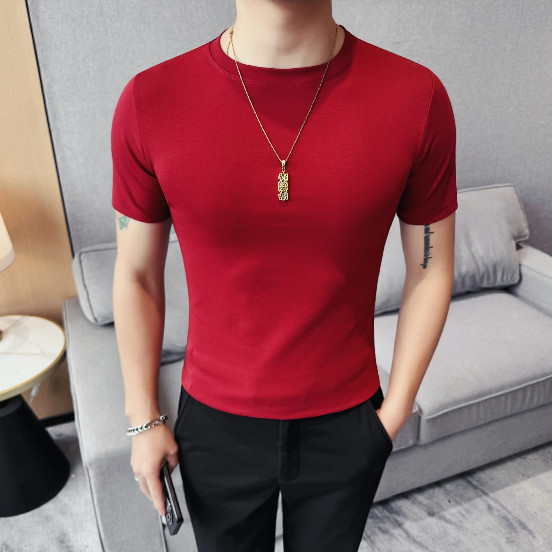 Manufacturer Direct Delivery Men's Summer Basic Solid Cotton Short Sleeve T-Shirt, Slim Fit, Stretchy, Suitable for Fitness and Commuting