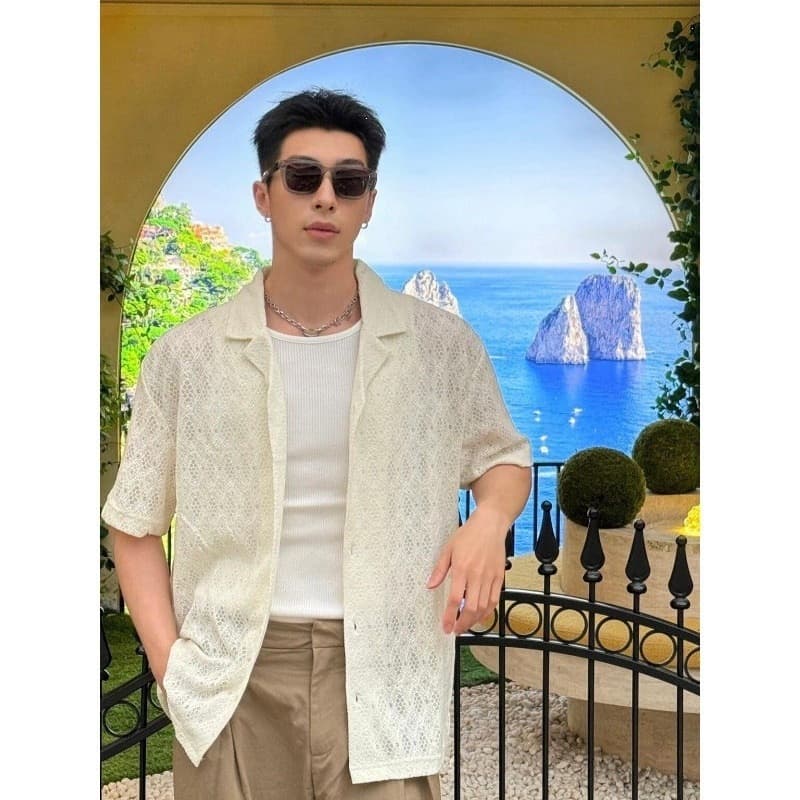 2026 Summer Breathable Cool Shirt Men Short Sleeve Cuban Collar Shirt Summer Hollow Out Casual Couple Shirt Trendy