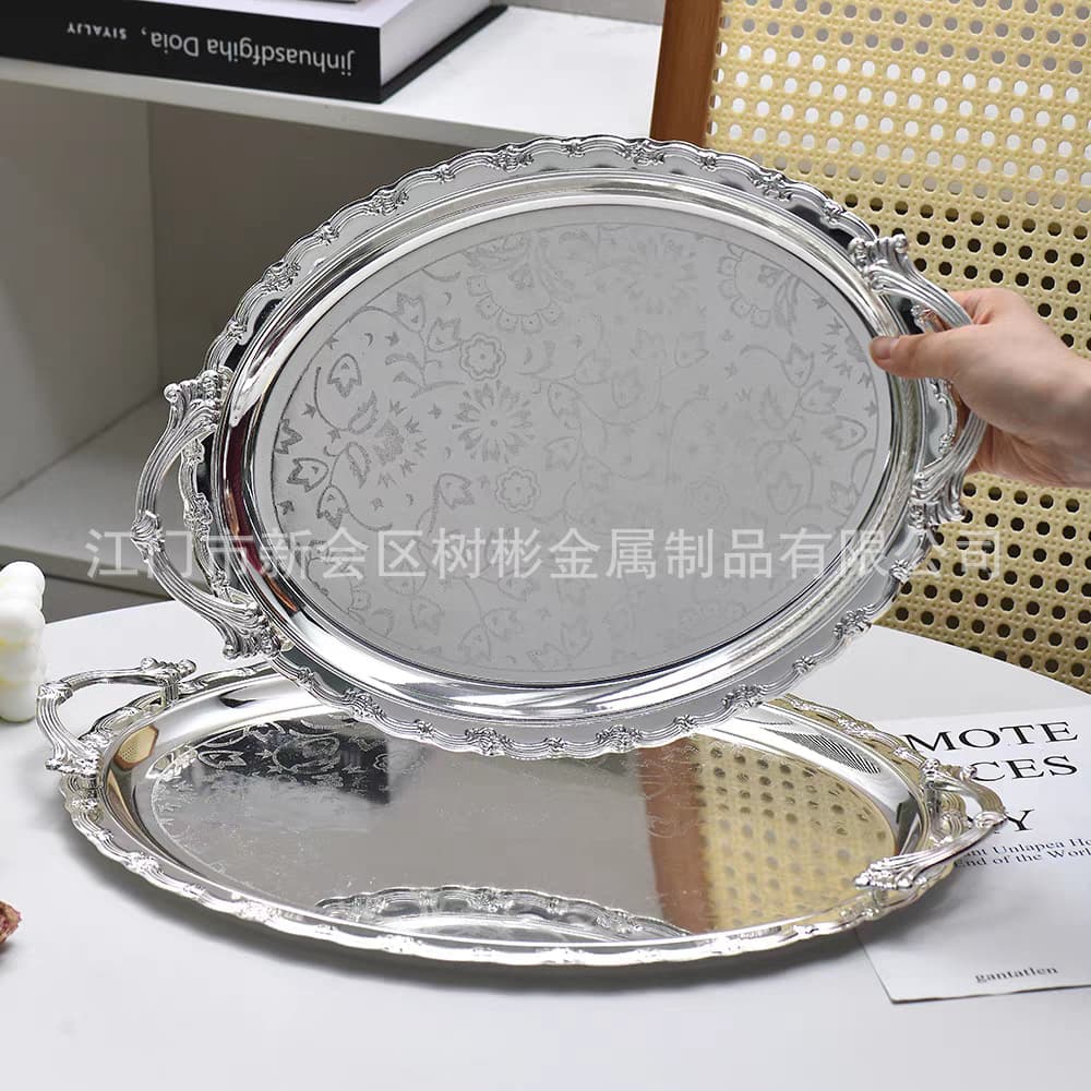 Luxury Oval Silver-Gold Rim Tray, Fashionable Storage Dessert Plate, Middle Eastern High-End Home Dried Fruit Tray