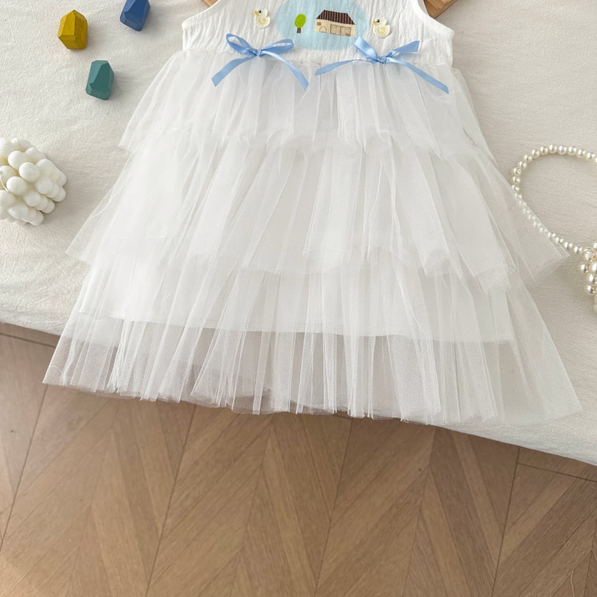 Girls Summer Sleeveless Princess Dress White Tulle Cake Skirt Baby Birthday Dress Fashionable Vest Dress 6795