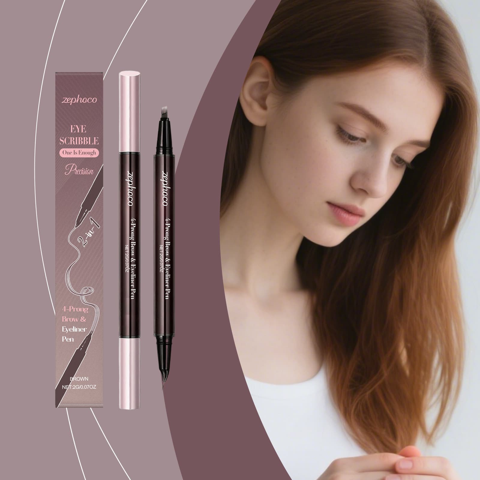 zephoco Brown 2-in-1 Liquid Eyebrow Pen, Silky Natural Hair-Like Strokes, 3D Color, Smudge-Proof, Volumizing