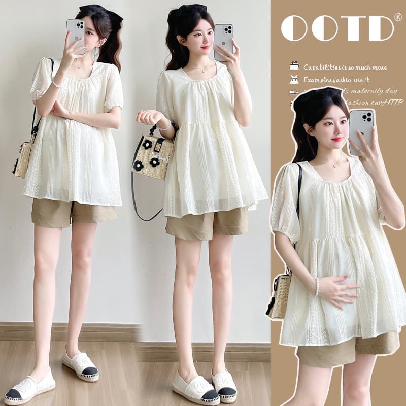 in stock 2025 New Summer Pregnant Women suit Korean Embroidered Age-reducing Loose Doll Shirt Top suit