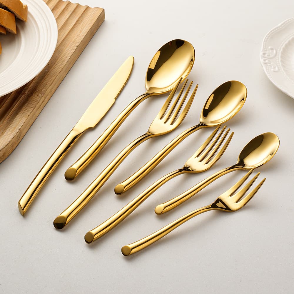 Thickened Stainless Steel Knife and Fork Set with Slanted Ends, Suitable for Cross-Border Hotels, Steak Knives and Forks, Gold-Colored Dessert Spoons, Coffee Spoons