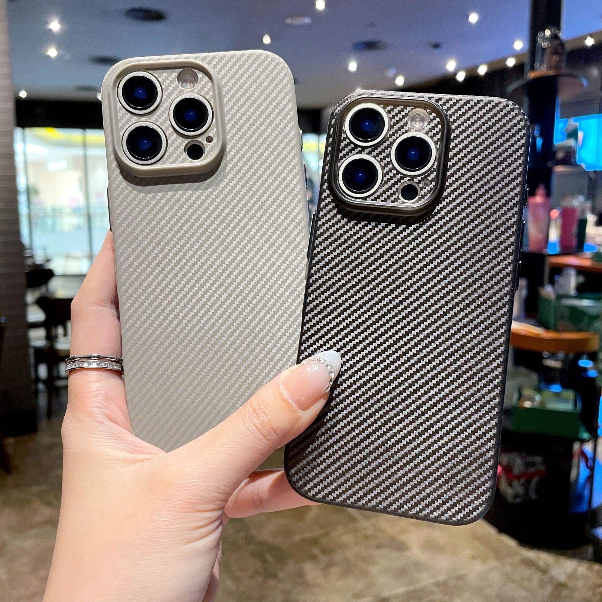Carbon Fiber Texture Compatible with iPhone 16 Pro Max Ice-Feel Ultra-Thin Case, 15 Pro Metal Buttons, 16e Semi-Transparent Case