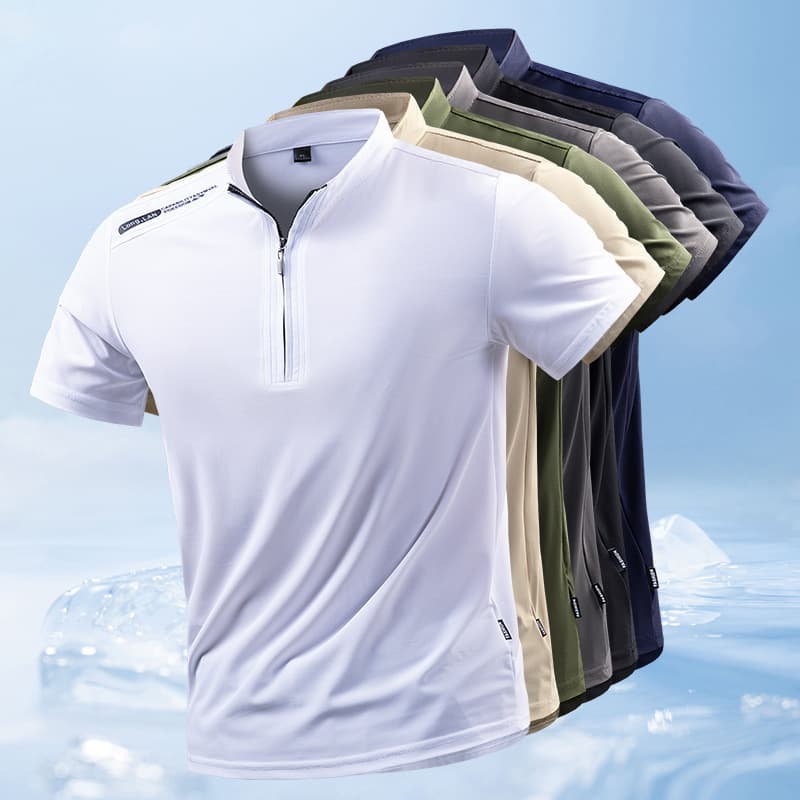 Summer Ice Silk Quick-Dry Short Sleeve T-Shirt Men's Polo Shirt Casual Business Sports Half-Zip Stand Collar T-Shirt