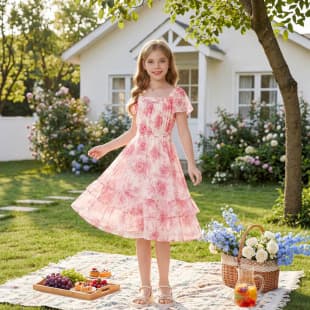 2026 TikTok Temu Chiffon Kids Dress Princess Print Layered Short Sleeve Beach Summer Dress