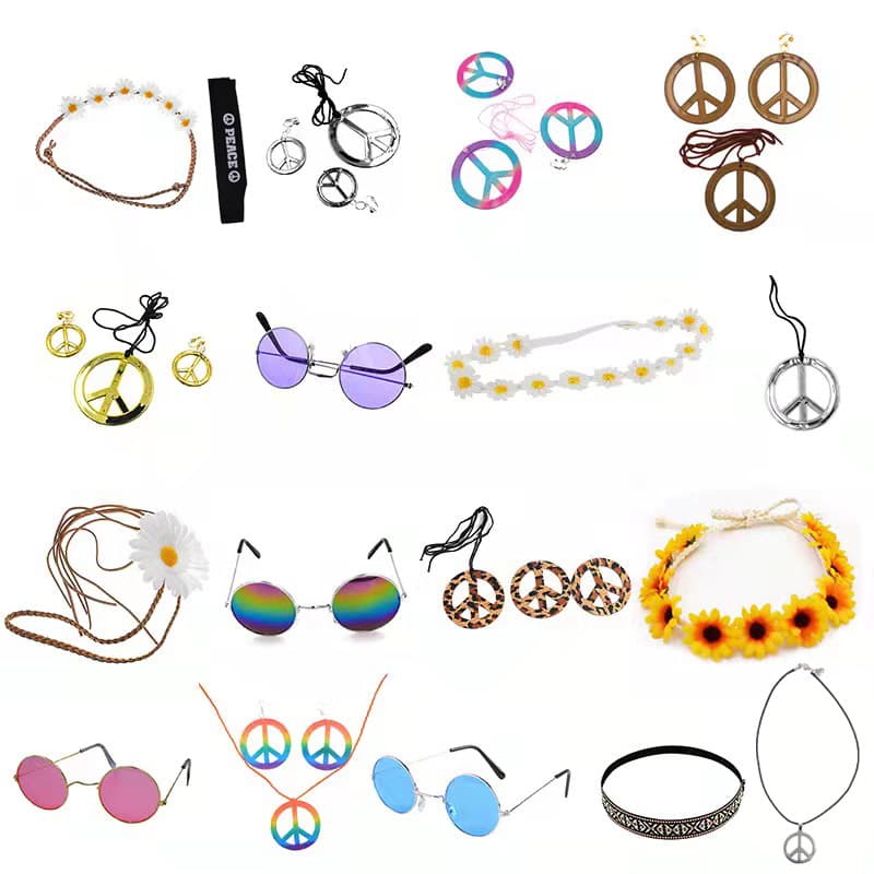 Hippie Suit Festival Glasses Peace Sign Earrings Necklace Headwear Accessories Set Fashionable Clothing Costume Accessories