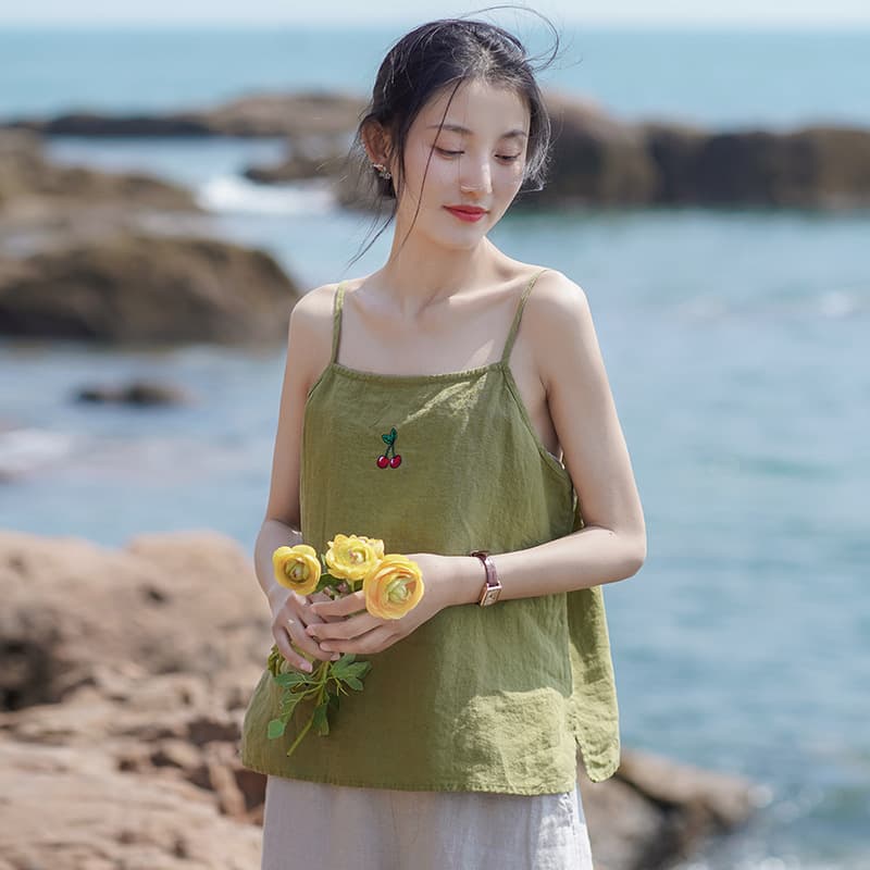 Cotton Linen Women's 2025 New Spaghetti Strap Summer Linen Embroidered Solid Color Outerwear Sleeveless Top Wholesale