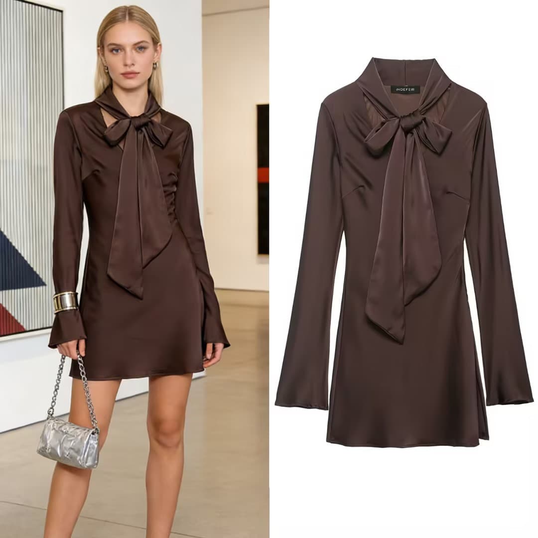 Foreign trade 2026 early spring new women's clothing European and American style silk texture scarf decorated with V-neck long-sleeved short dress