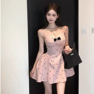 Bowknot Fashion Camisole Dress for Women, Summer Pure Alluring Waist-cinching Short Dress, Sexy Textured Fit Flared A-line Dress