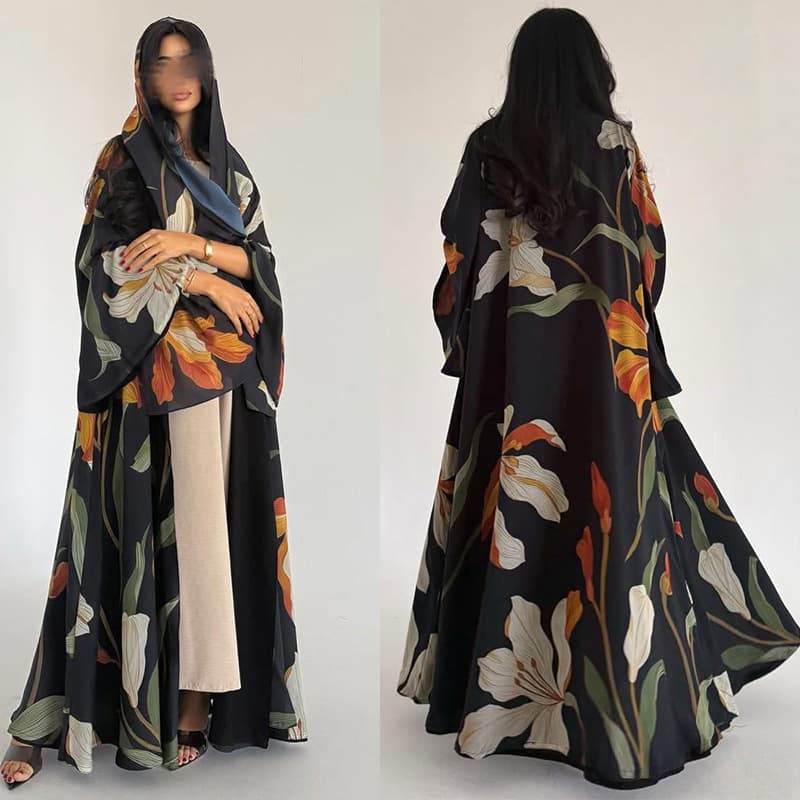 LN238 Black Background Oil Painting Floral Print Cardigan with Matching Headband Two-Piece Set Loose Flared Women's Jacket