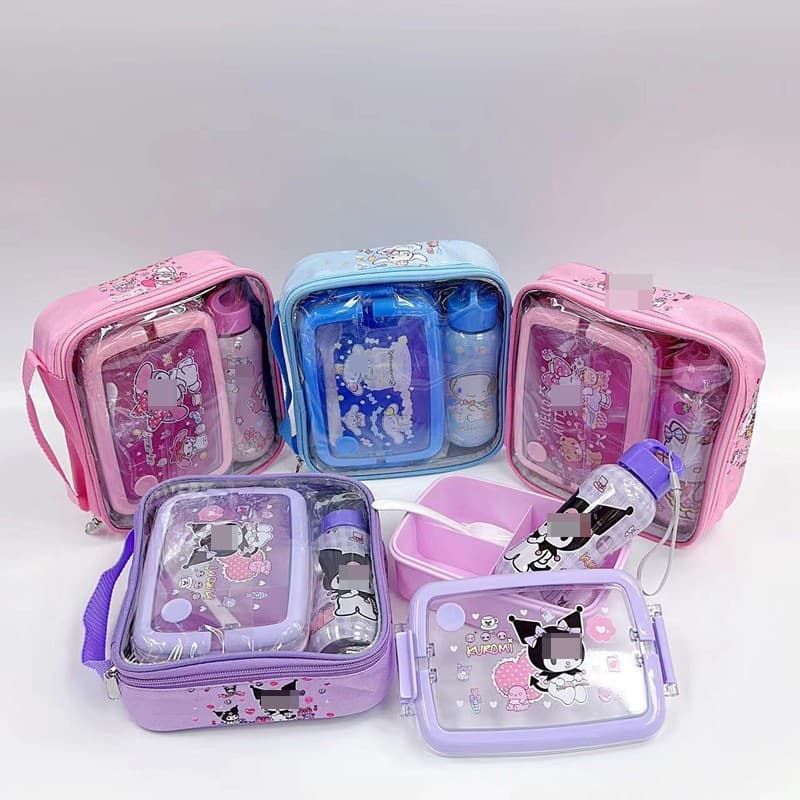 Cute cartoon children's plastic lunch box meal bag handbag kettle set student portable water cup three-compartment lunch box
