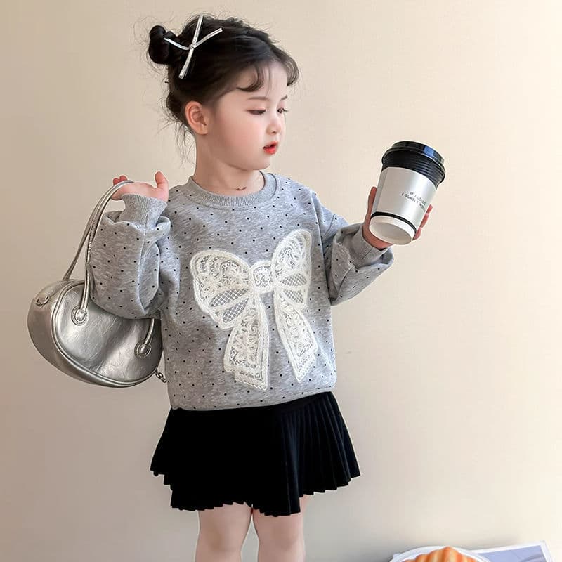 Polka-dot bow early autumn new style girls' sweatshirts, fashionable and versatile long-sleeved tops, baby children's wear, round neck clothes