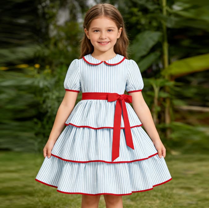EU/US Cross-border Amazon Kids' Clothing Vintage Hepburn Style Striped Big Bow Tiered Dress Sweet Girls Dress 10188