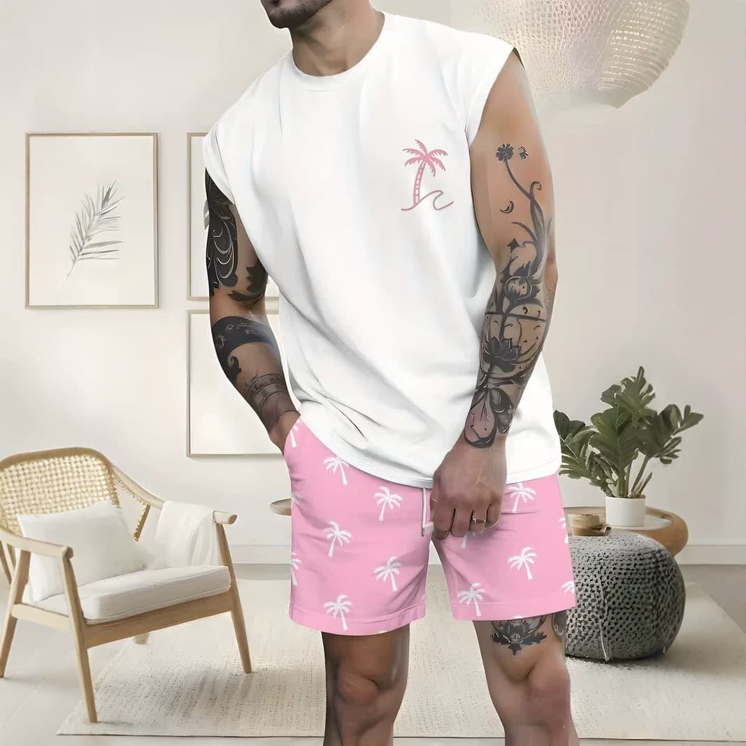 Cross-border Temu American-style 3D printed men's vest and shorts set, casual sport vest and shorts two-piece set