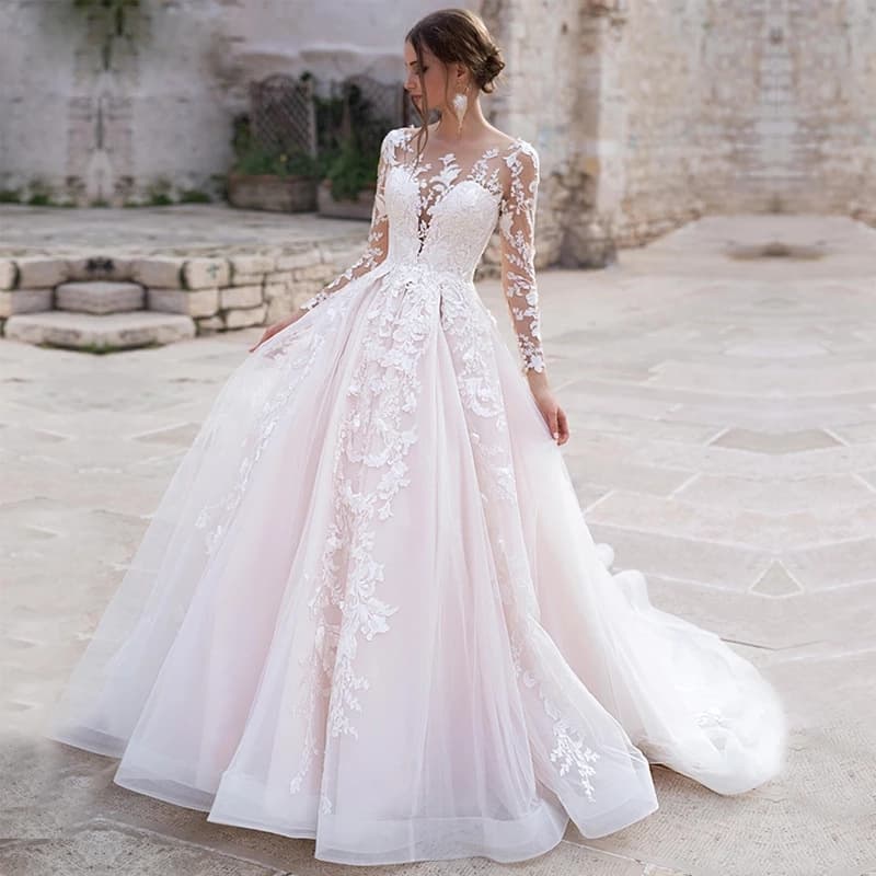 Cross-border European and American Lace Corset Light Wedding Dress 2026 New Style Bride Wedding Main Wedding Dress Long Sleeve Arm-Covering Slimming Wedding Dress