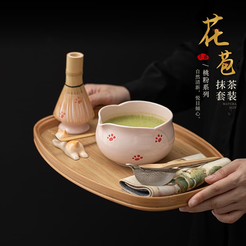 Peach Pink Flower Bud Matcha Eight-Piece Set, Song-Style Ceramic Tea Tools, Tea Whisk Stand, Tea Bowl, Tea Whisk Holder
