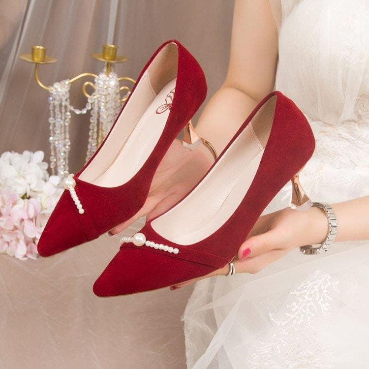 Wedding bridal shoes for women 3 cm low heel, comfortable and not tiring for pregnant women's feet 2024 new red Xiuhe wedding dress two wear