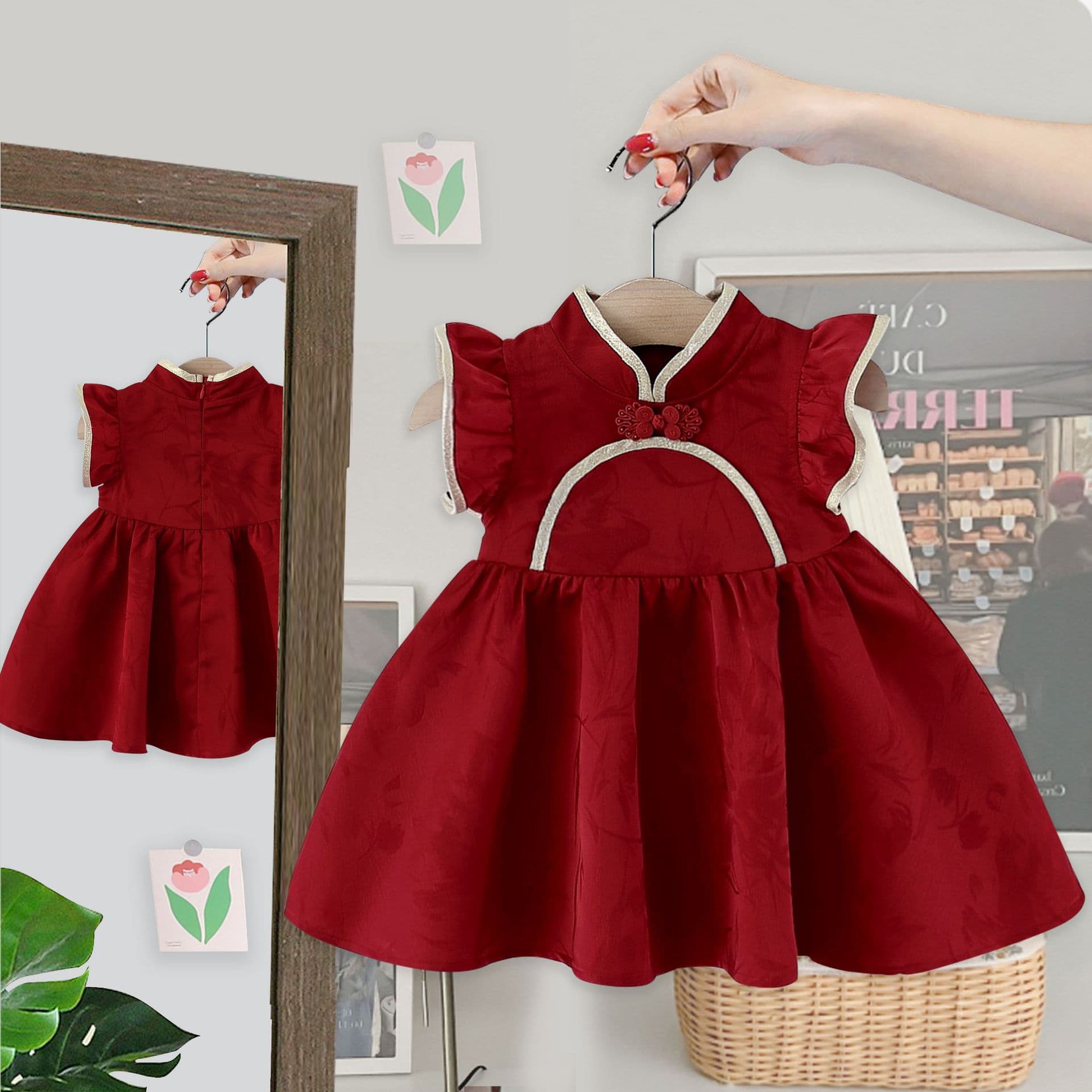 Girls Cheongsam Summer New Style Children's Chinese Improved Hanfu Dress Floral Skirt Fashionable Princess Dress 5081