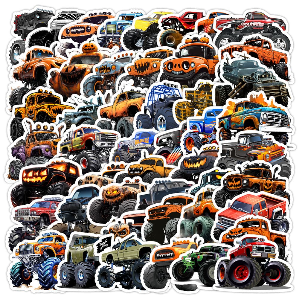 50 Cartoon Monster Truck Graffiti Stickers Creative Truck Stickers Water Cup Phone Waterproof Decorative Stickers Wholesale