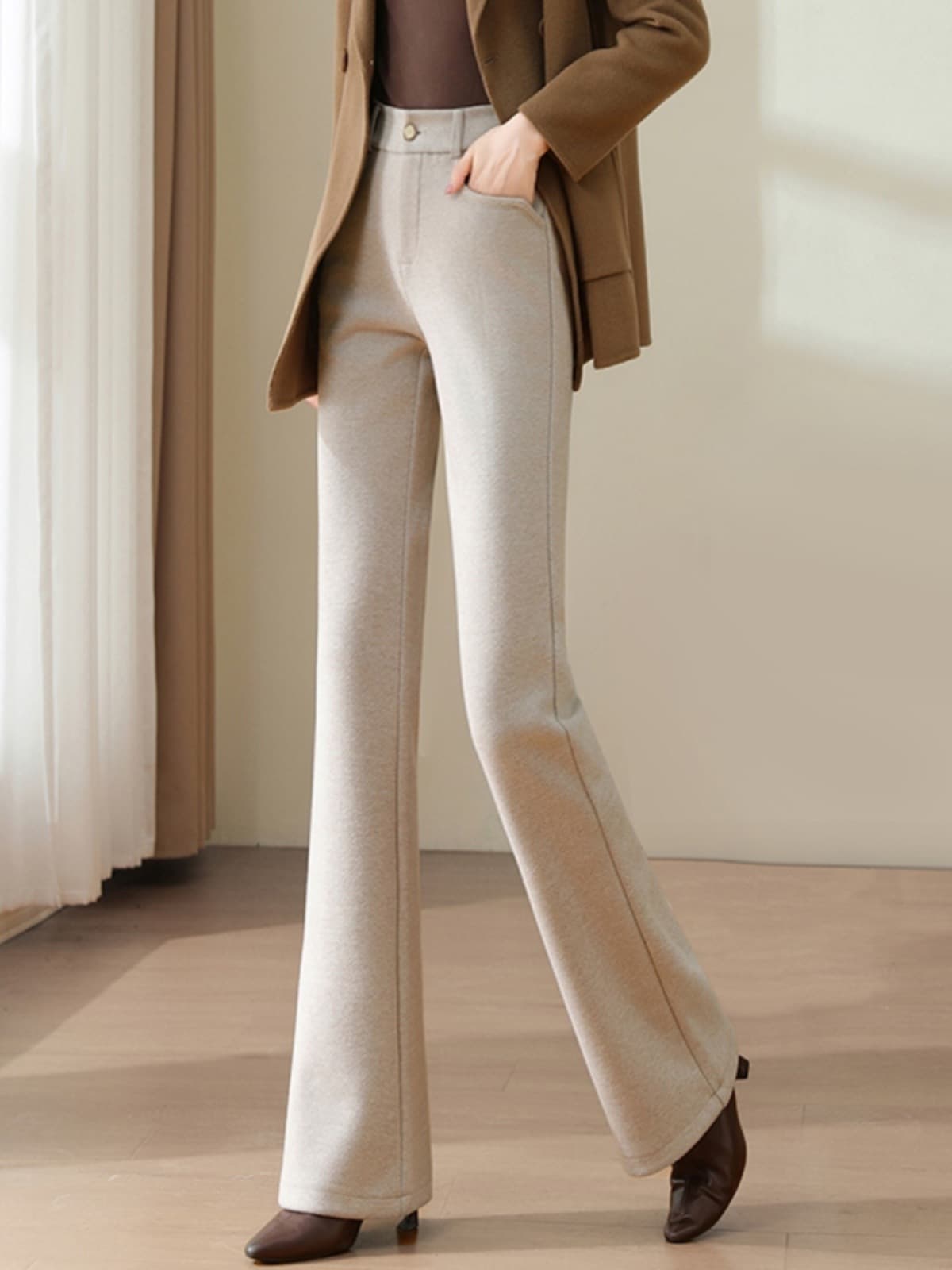 Cashmere bootcut pants for women in autumn and winter new style high-waist slim drape straight pants casual woolen suit bell-bottom pants
