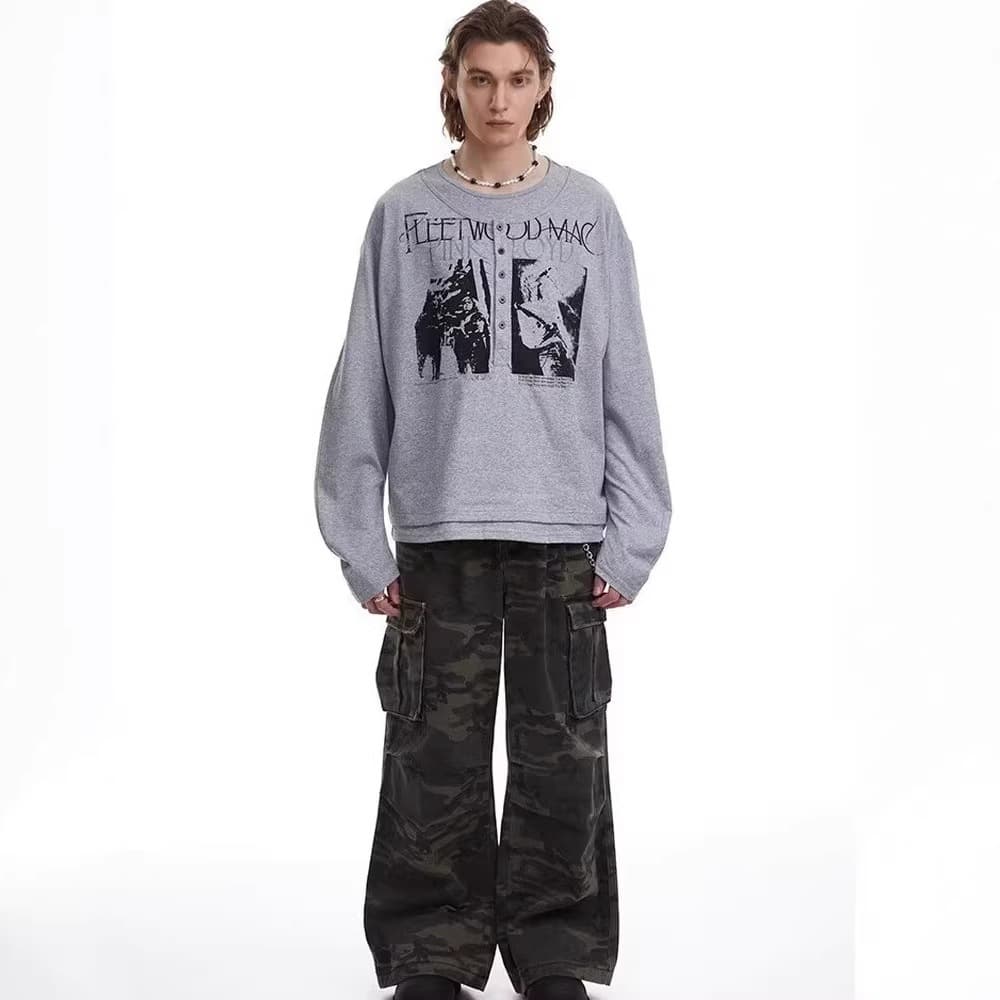 American Retro Rock Print Henry Collar Long-Sleeved T-Shirt for Men and Women, New Loose Casual Fake Two-Piece Couple T-Shirt Trendy