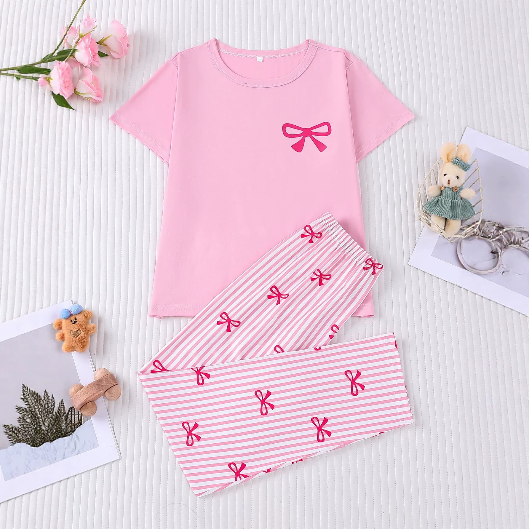 Cross-Border Trade Summer Simple Style Girls' Short Sleeve Pajama Set Cute Cartoon Flame Retardant Fabric