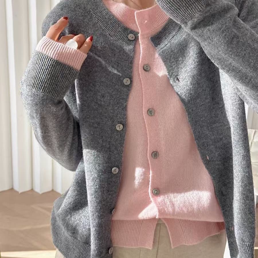 Cardigan women's knitted woolen sweater 100% pure wool crew neck sweater fake two pieces spring and autumn style manufacturer wholesale