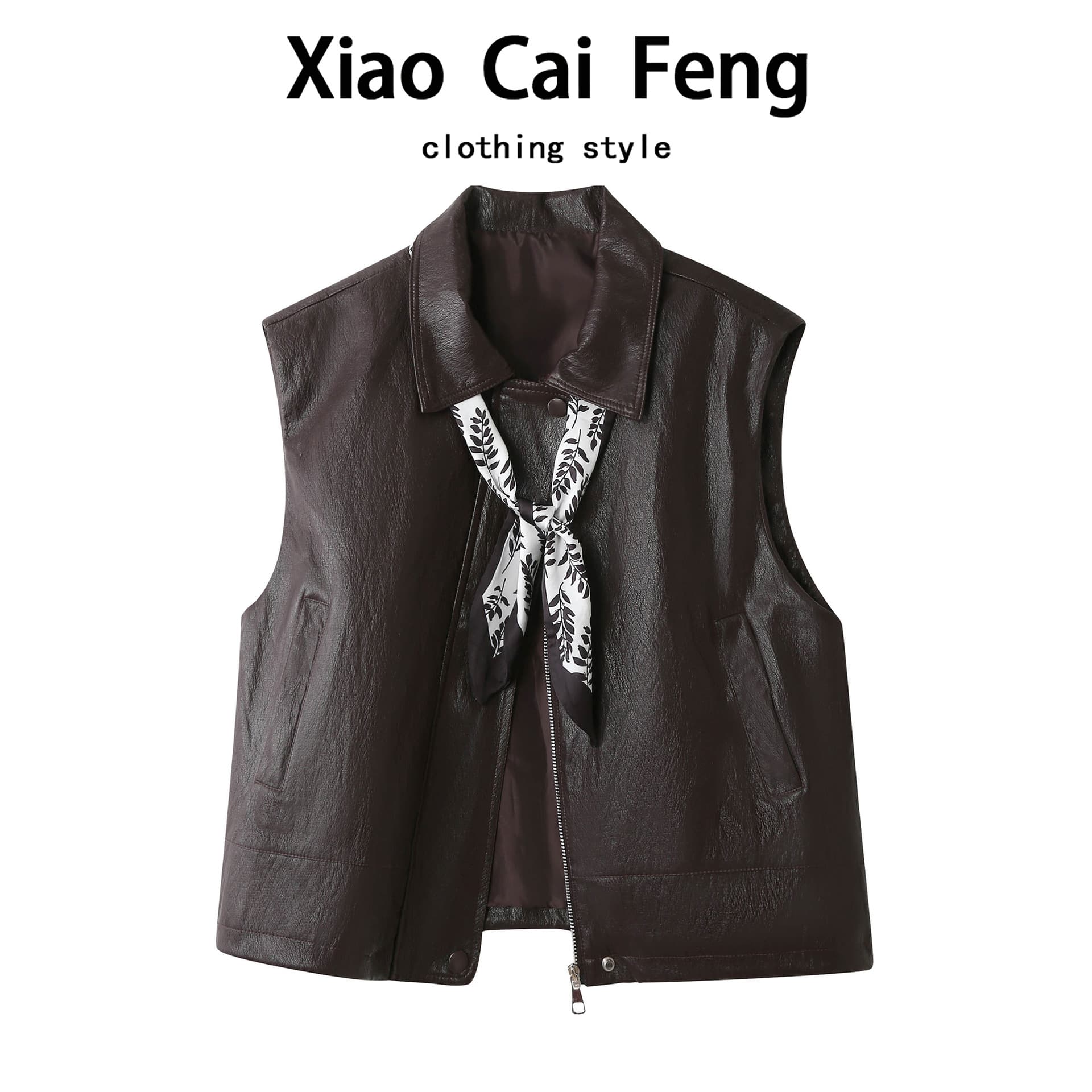 Korean style with silk scarf PU small leather vest women's autumn high-end layered polo collar sleeveless waistcoat vest