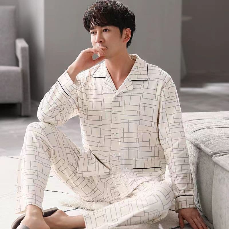 Trending Men's Pajama Set Long Sleeve Long Pants Loungewear Set Loose Spring Autumn Men's Plus Size Grandpa Style